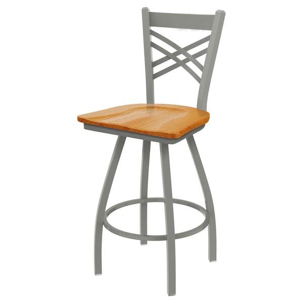 36" Swivel Bar Stool, Nickel Finish, Med Oak Seat